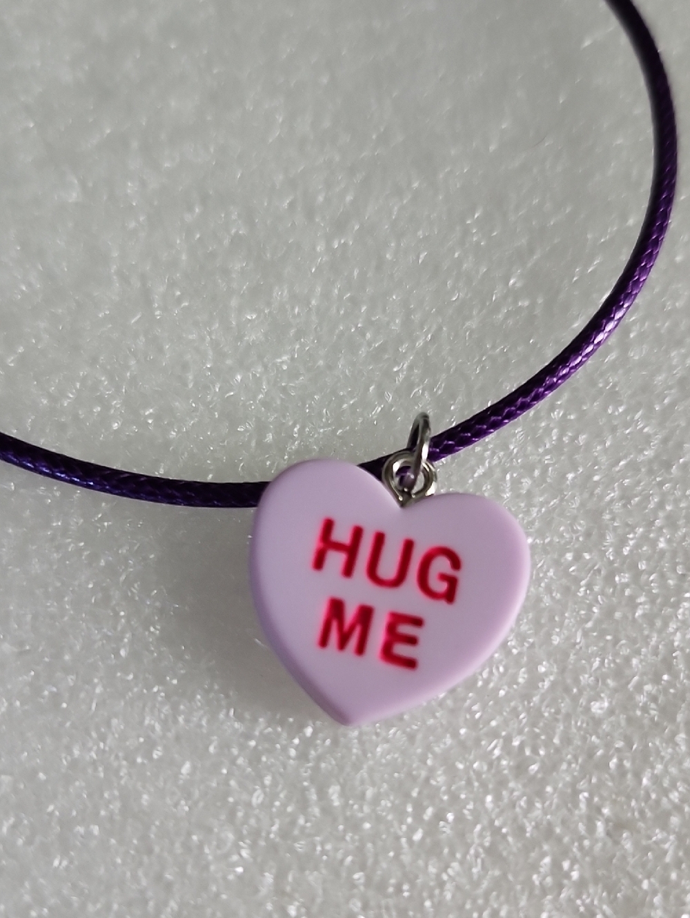 Hand Crafted Purple Cord Necklace with Pink Heart 'HUG ME' Pendant